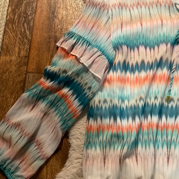 INC Women's Blouse Size Medium Long Sleeve Colorful Tie Neck Ruffle Elastic Wst - Picture 3 of 11